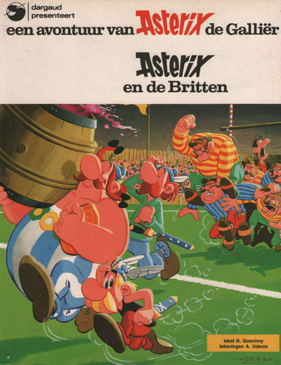 Asterix, Obelix and their British cousins are fleeing from a group of rugby players, with Obelix carrying a cask of the magical potion